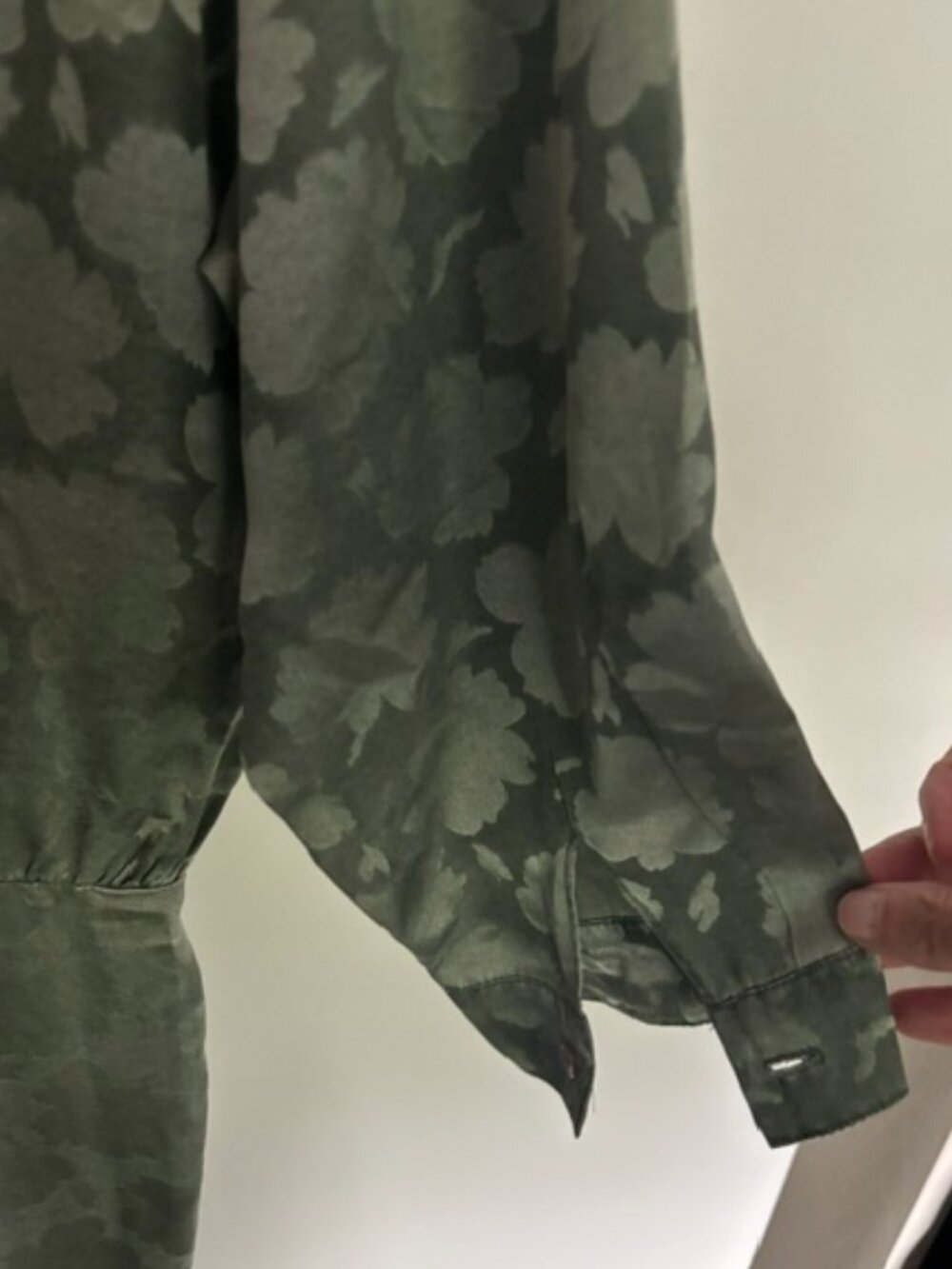 Title: Vintage Green Camo 100% Silk Utility Jumpsuit with Pockets & Button Detai